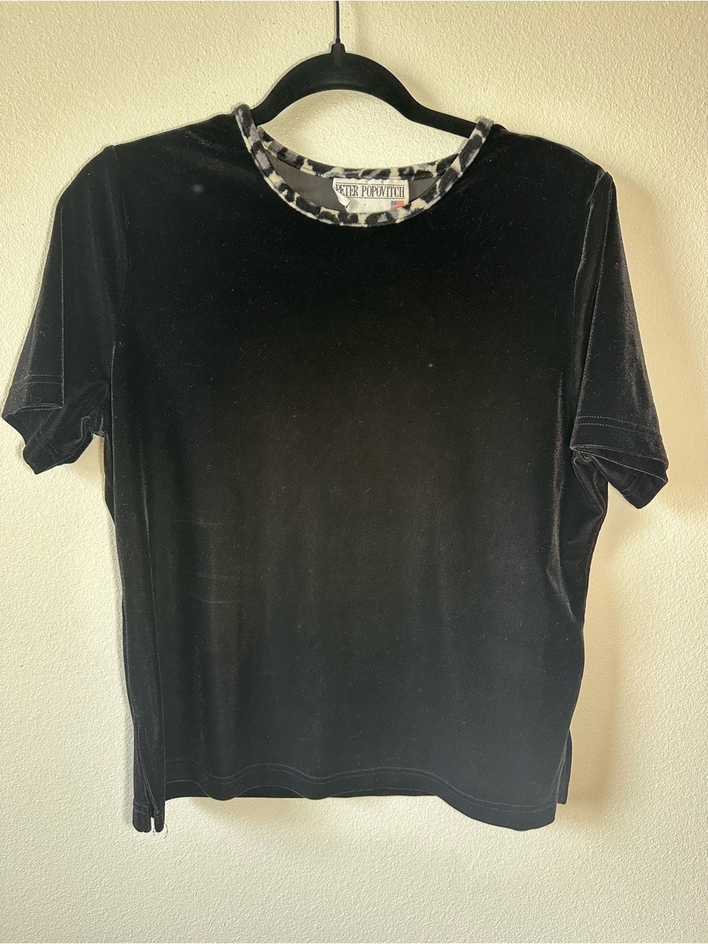 Peter Popovitch Black Velvet Short Sleeve Tee with Leopard-Trim Crewneck VTG